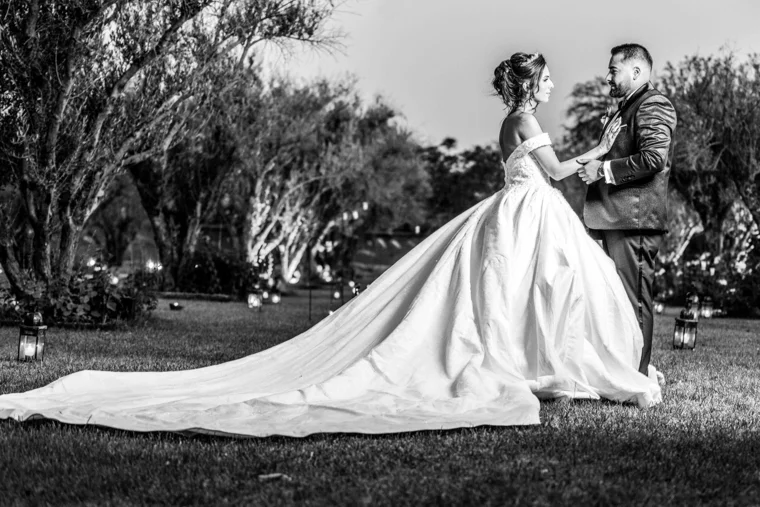 Bride and groom with the gown train on the lawn