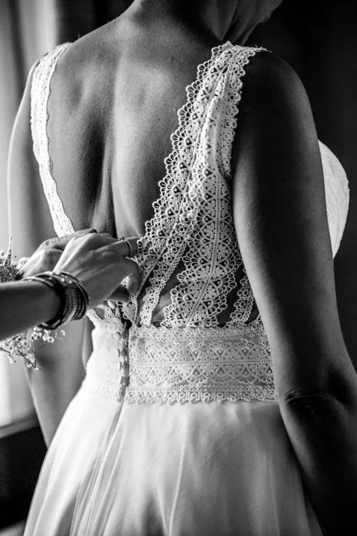 Lace and pearl details on a bridal gown